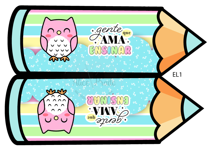 Dois lápis de desenho animado com decoração colorida, coruja rosa e texto 