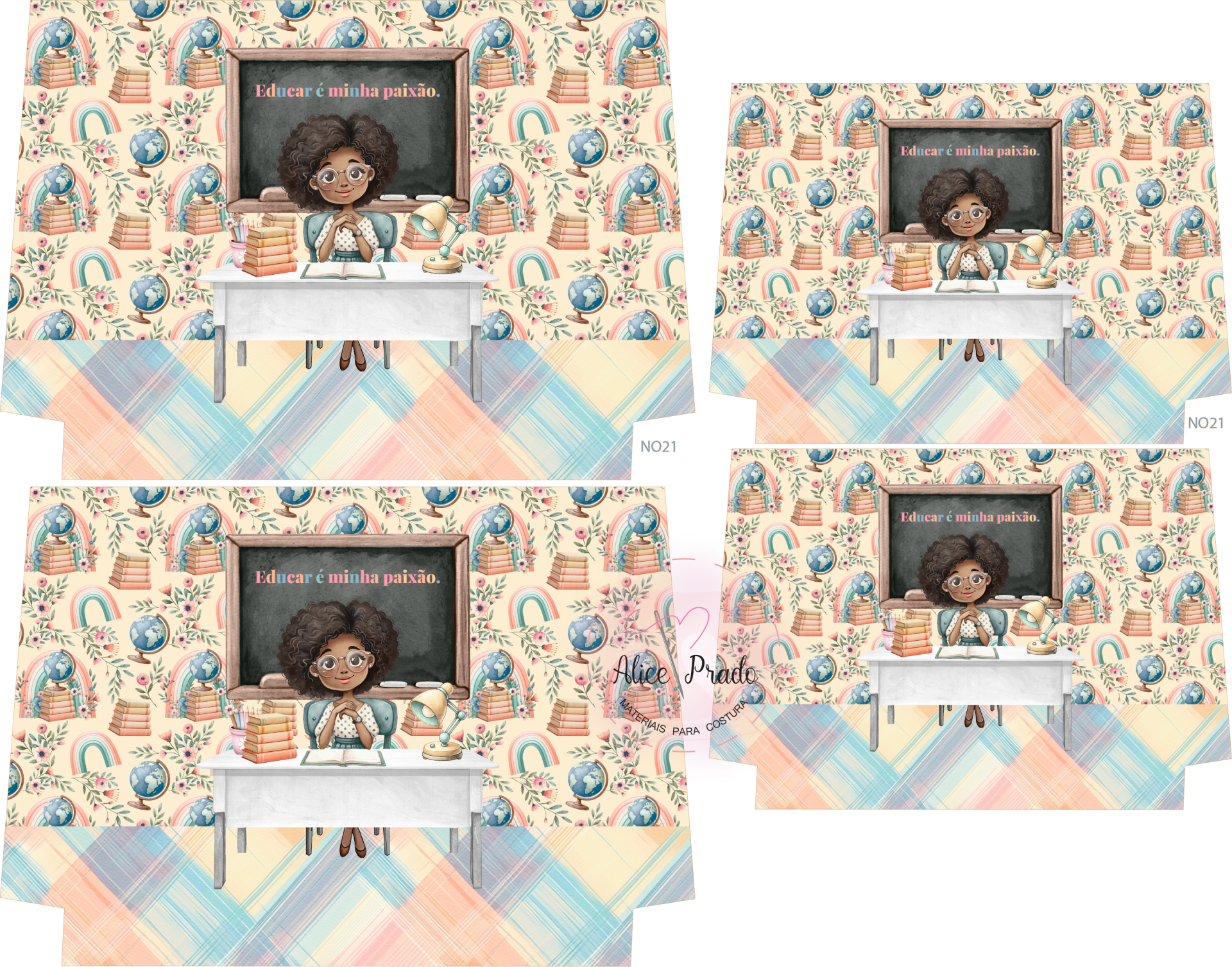 Padrão repetido com criança numa secretária, livros, quadro negro e fundo colorido com unicórnios e estrelas.
