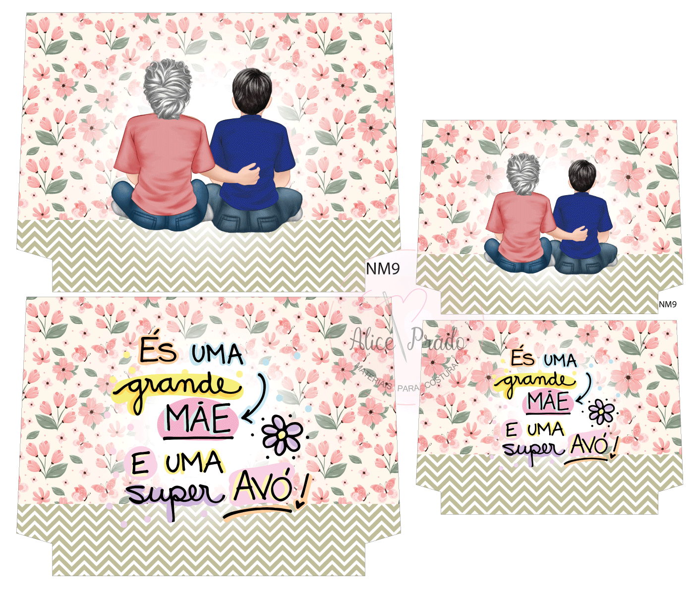 3 postais com ilustração de duas pessoas sentadas e texto sobre mães e avós