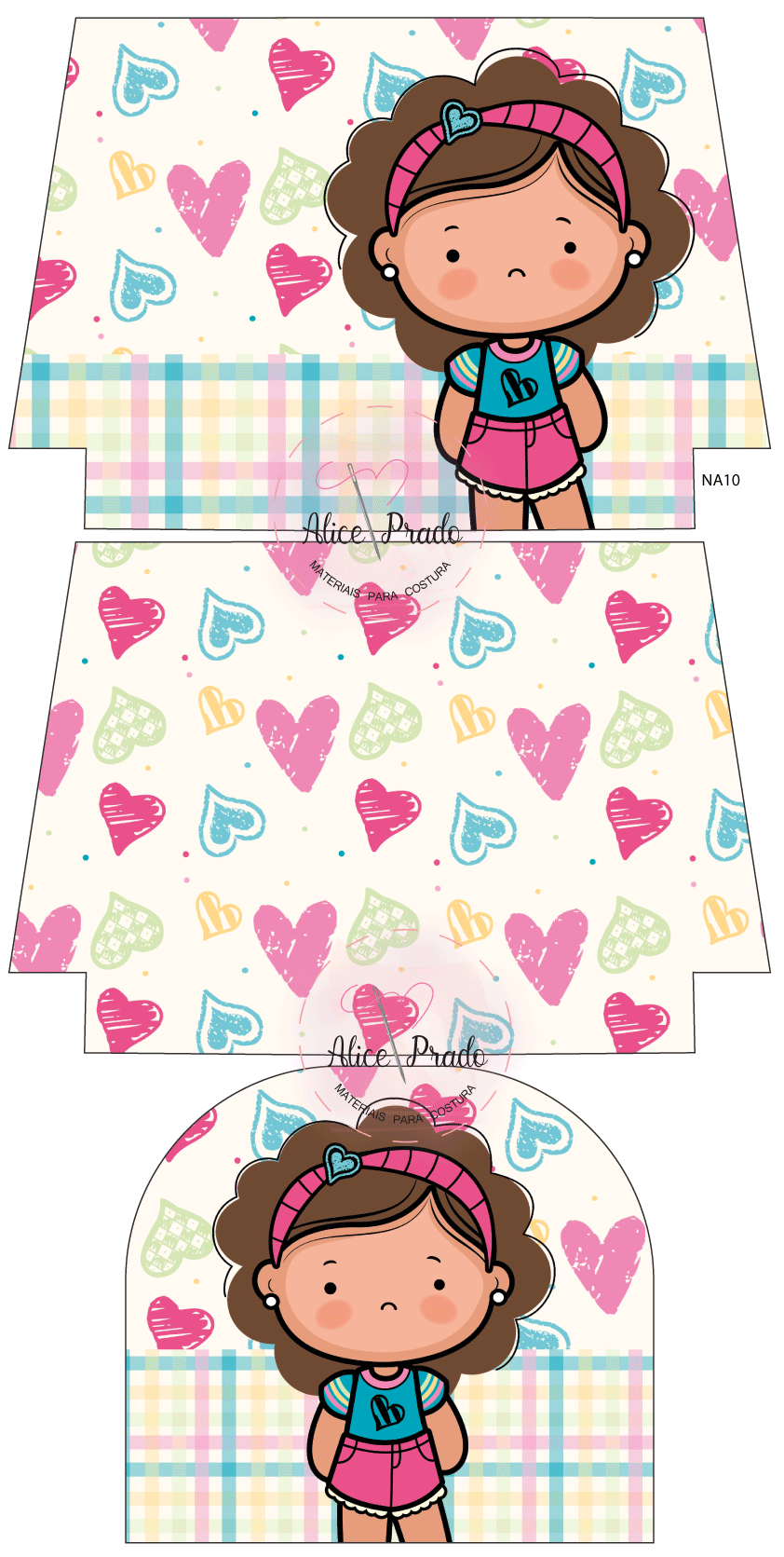 Embalagem com padrão de corações coloridos e ilustração de menina com roupa azul e rosa