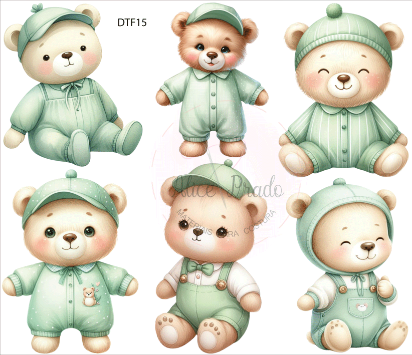 Seis ursinhos de pelúcia em roupas verdes e azuis claras com bonés e gorros