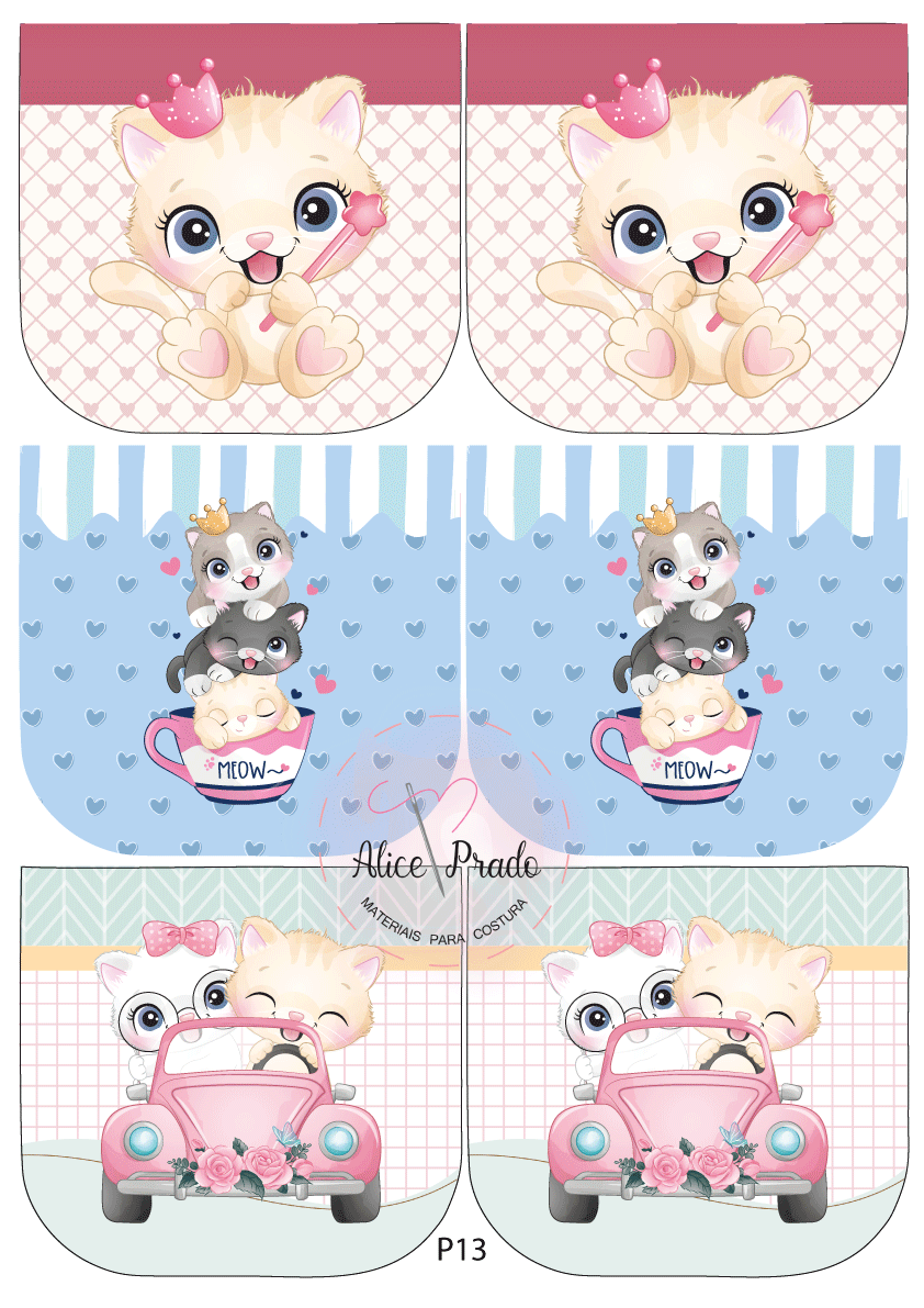 Desenhos de gatinhos fofos em três padrões diferentes com cores suaves