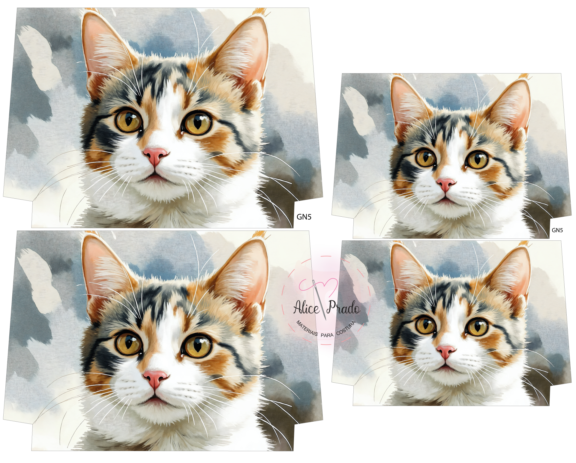 Rosto de gato malhado em quatro recortes digitais sobre fundo cinzento abstrato