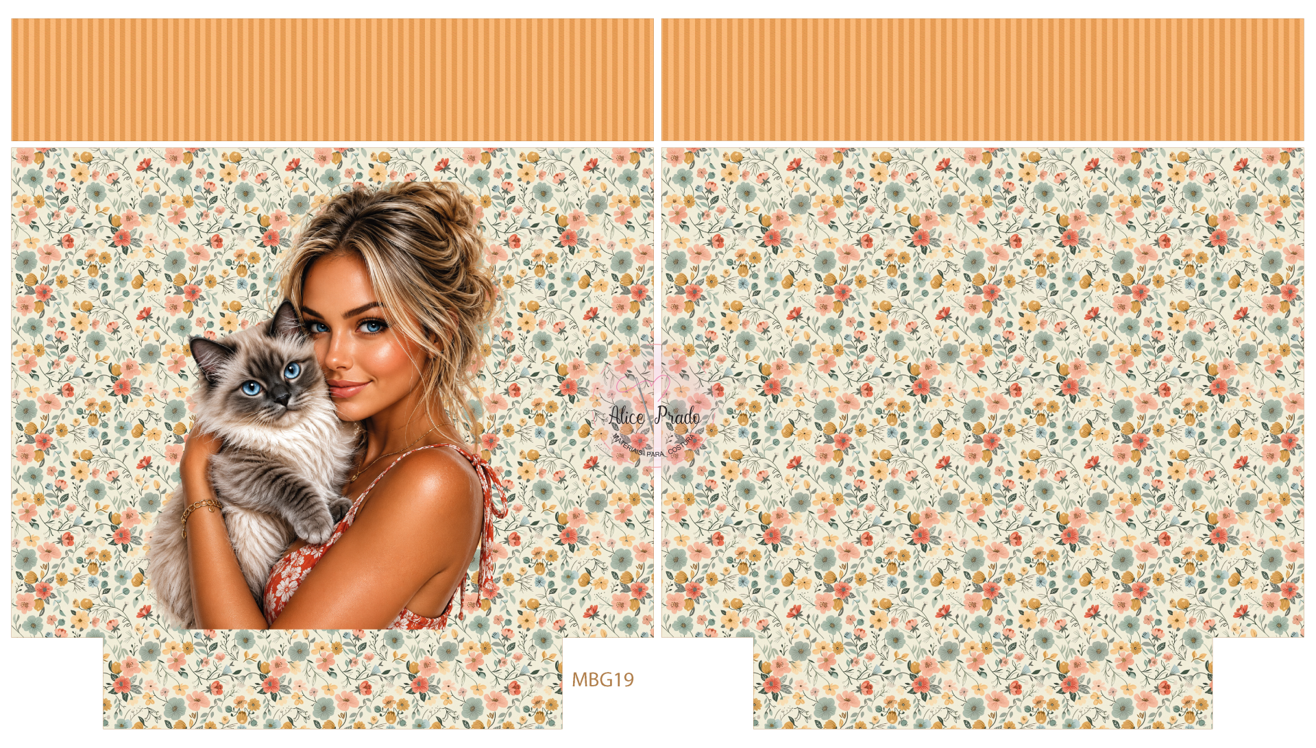 Tecido estampado floral com imagem de mulher e gato, texto MBG19 e Alice Prado Materiais Para Costura