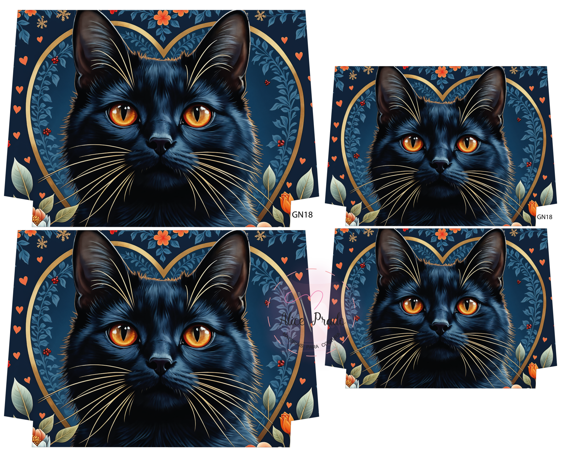Estampa de gato preto com olhos laranja sobre fundo azul e elementos florais e coração dourado.