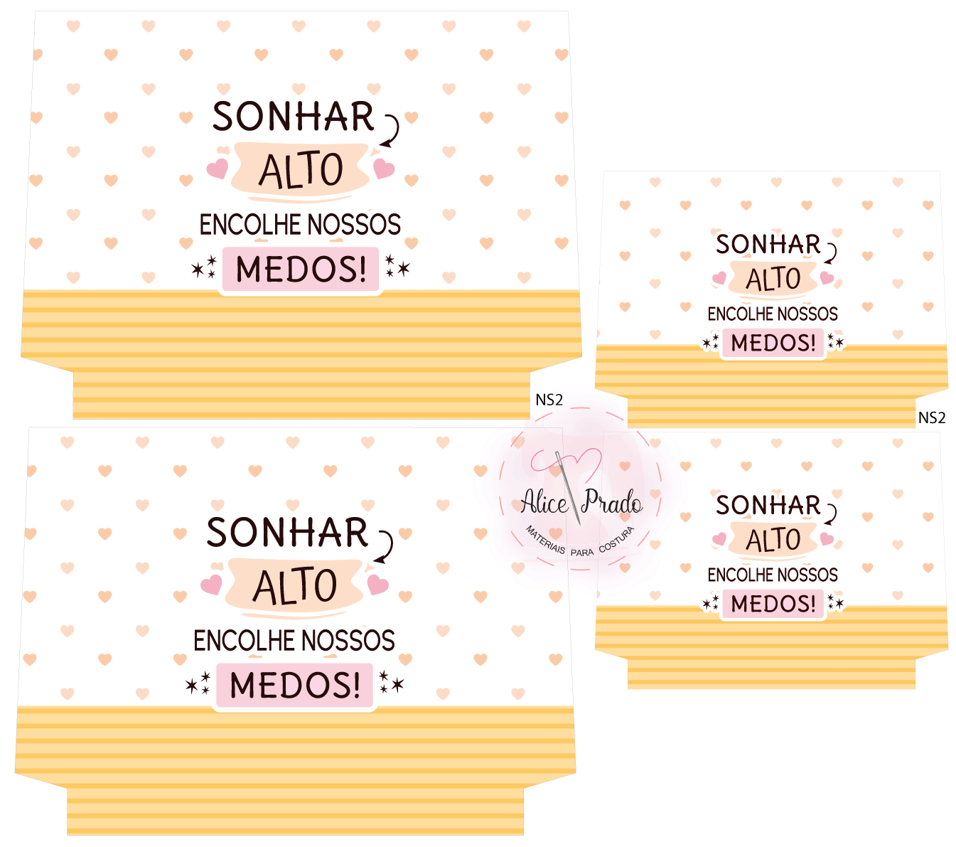 Etiquetas para produtos com texto inspirador e padrão de corações em fundo branco