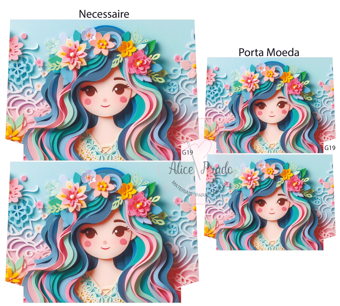 Necessaire e porta moeda com estampa de menina com cabelo colorido e flores em fundo azul claro