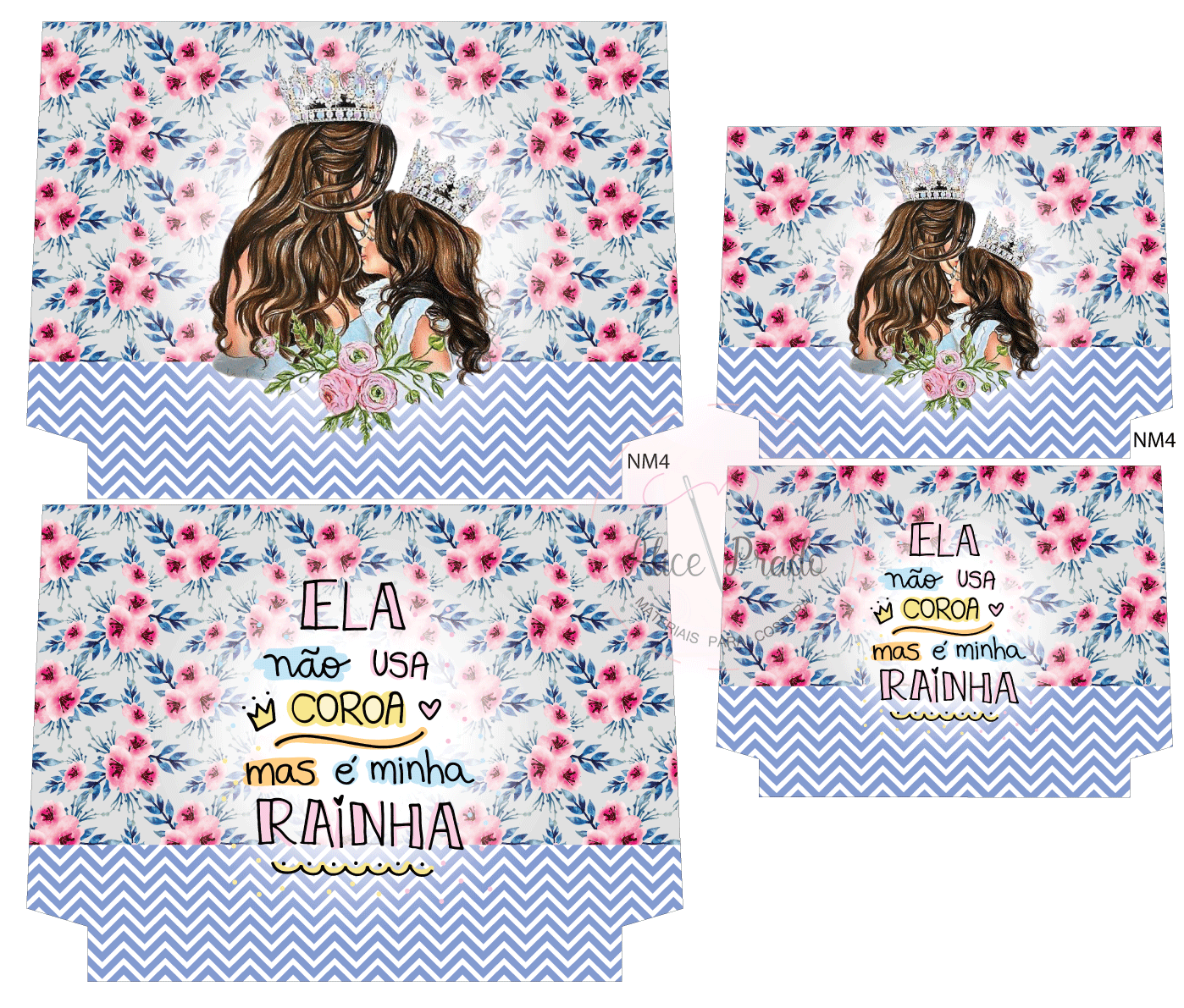 Papelaria com padrão floral, ilustração feminina e texto em português