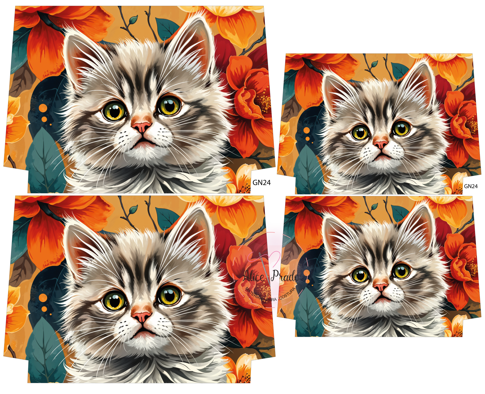 Gato branco e cinzento com fundo de flores laranja e vermelho.