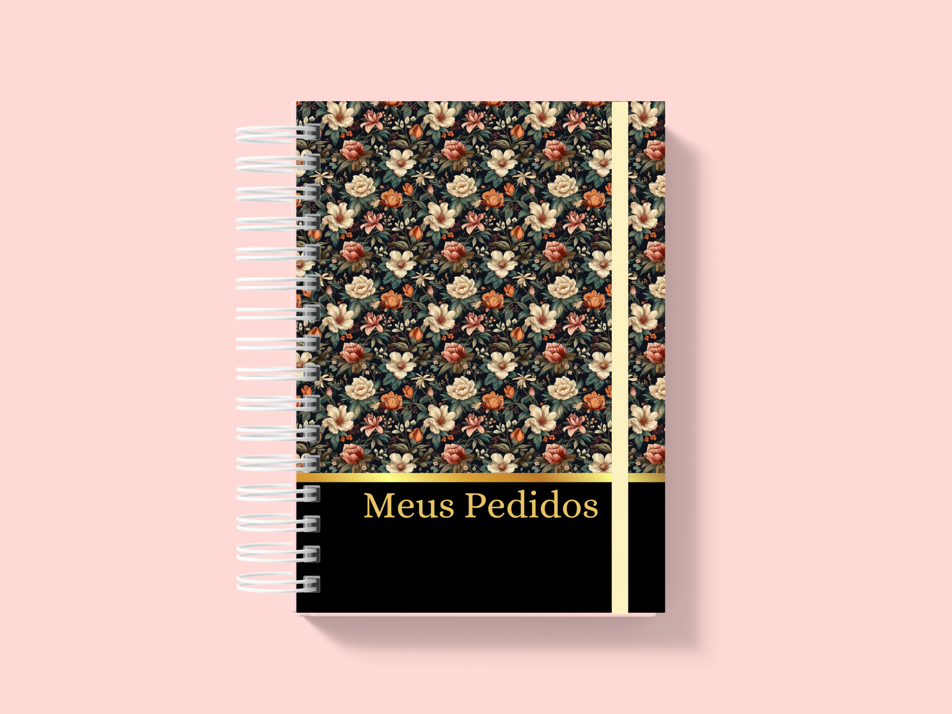 Caderno floral com texto Meus Pedidos e espiral branca