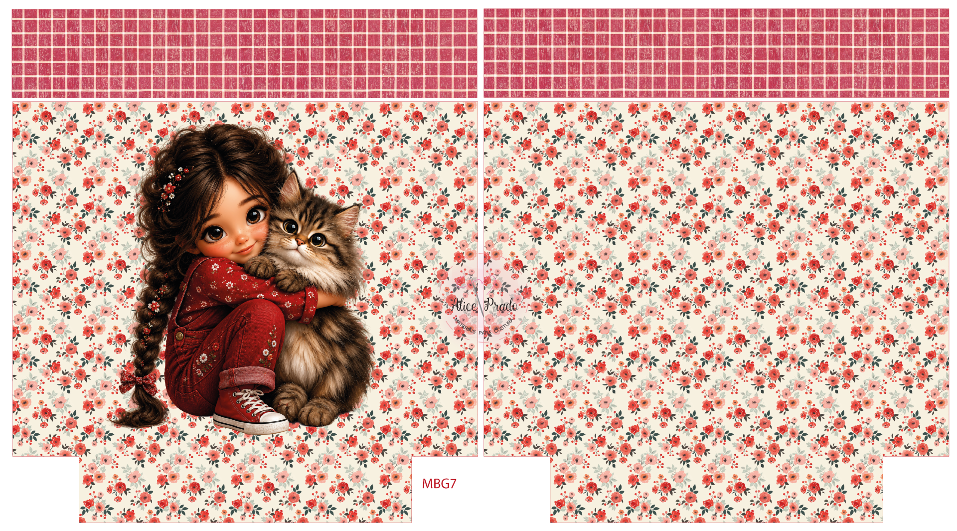 tecido floral creme com ilustração de menina e gato malhado e texto MBG7