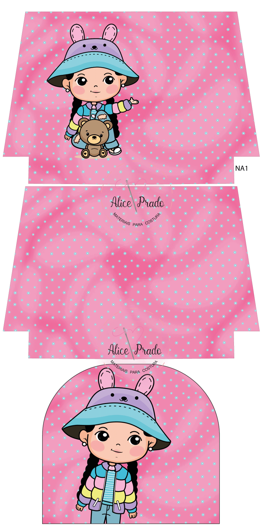 Estampa infantil rosa com pontos brancos e ilustração de menina com ursinho