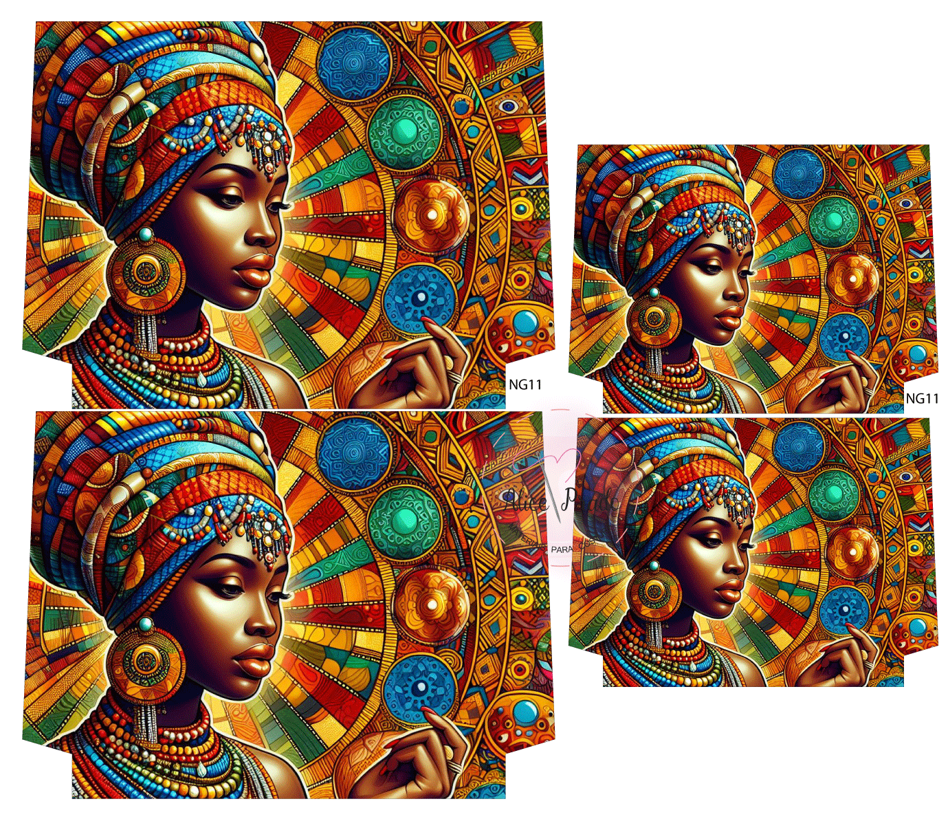 Mulher africana com turbante colorido e fundo decorativo circular