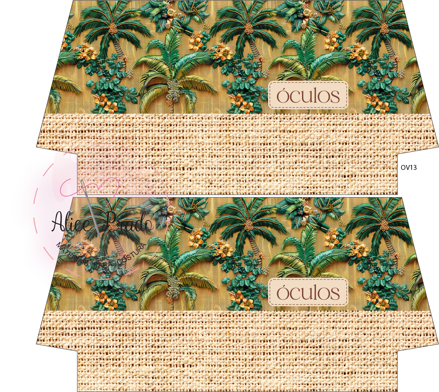 Rótulos decorativos para óculos com padrão de folhas e flores verdes e textura de palha.