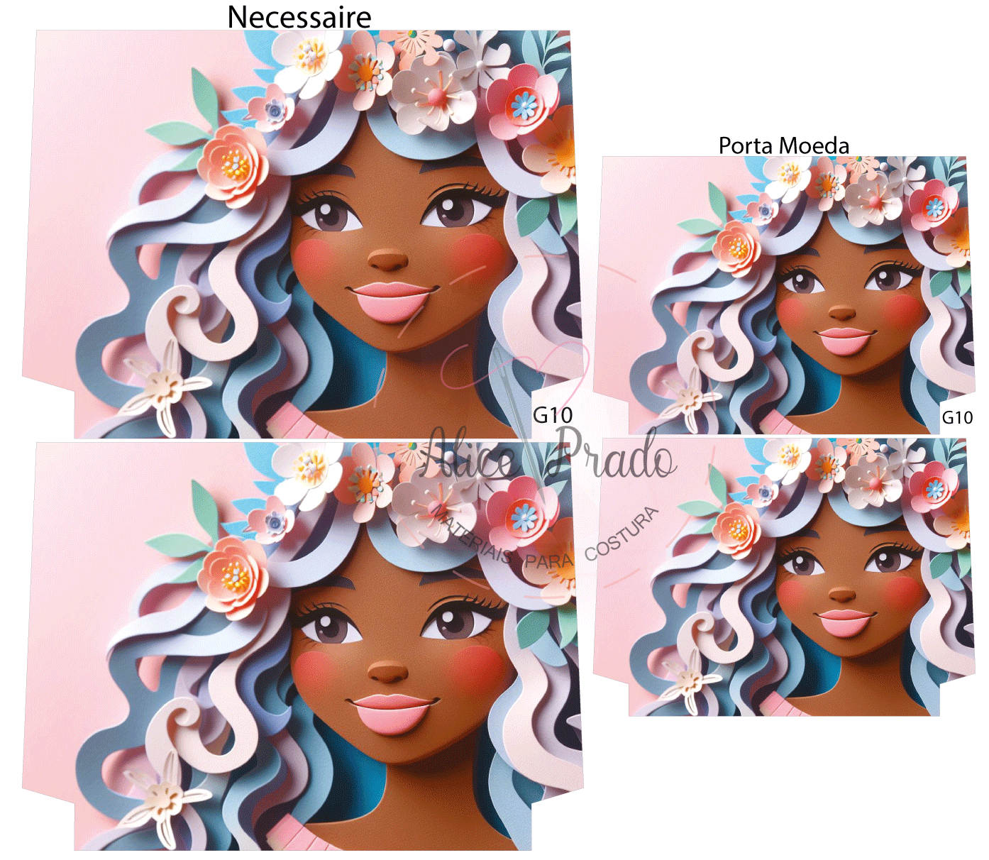 Conjunto de necessaire e porta-moeda com estampa de rosto feminino com cabelo branco e flores coloridas