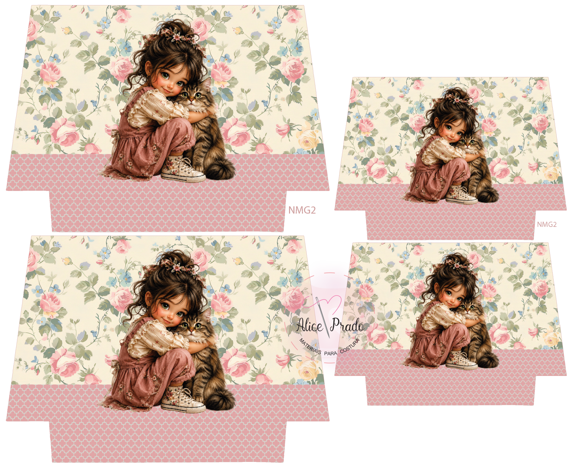 Ilustração de menina com gato em fundo floral com padrão rosa