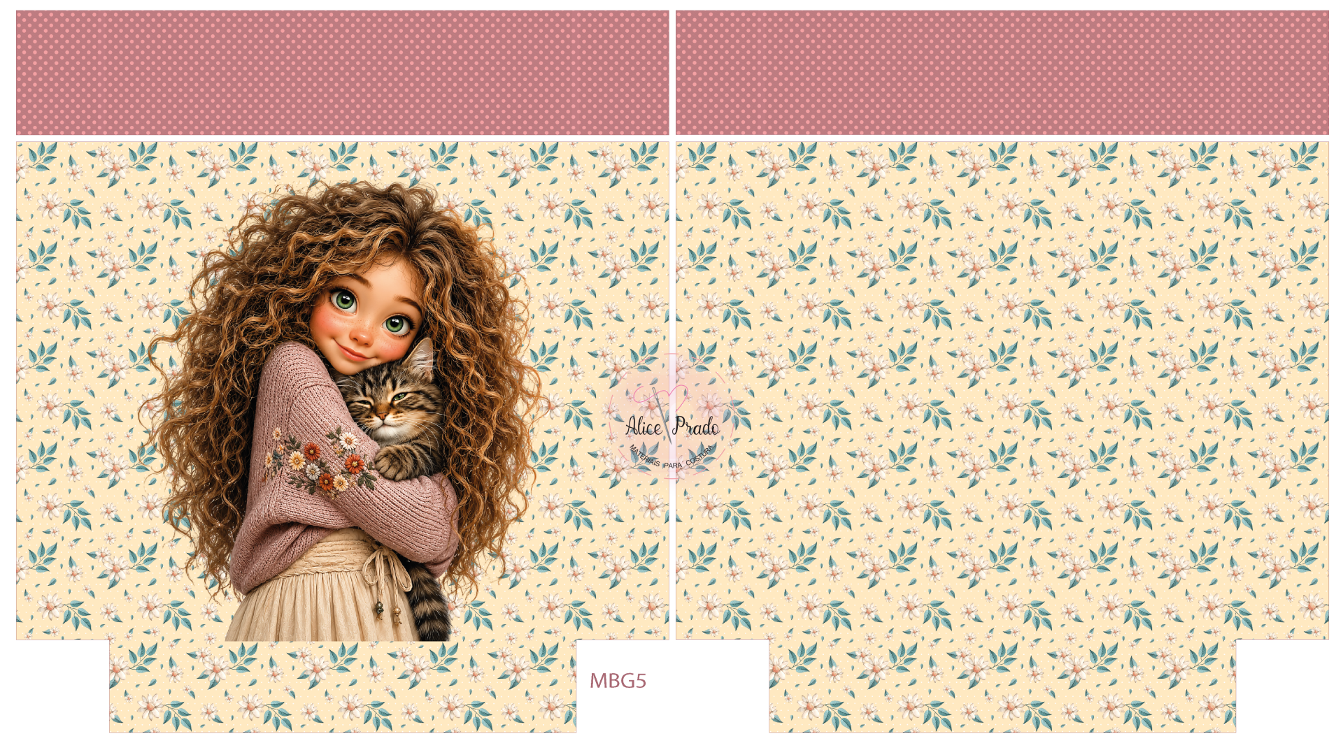 Capa de caderno com ilustração de rapariga com cat e padrões florais e bolinhas.