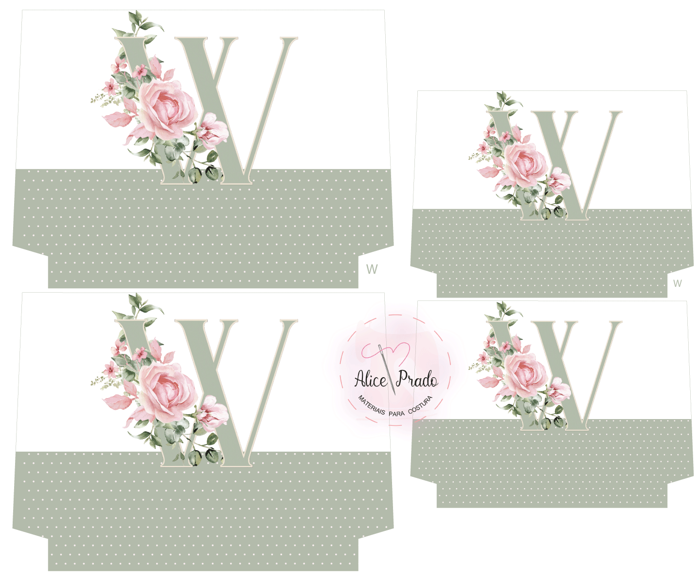 Caixas de papel brancas e verde-acinzentadas com letra V e flores rosa