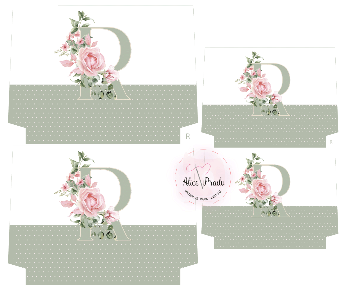 Caixas decoradas com padrão de bolinhas, flores e letra R