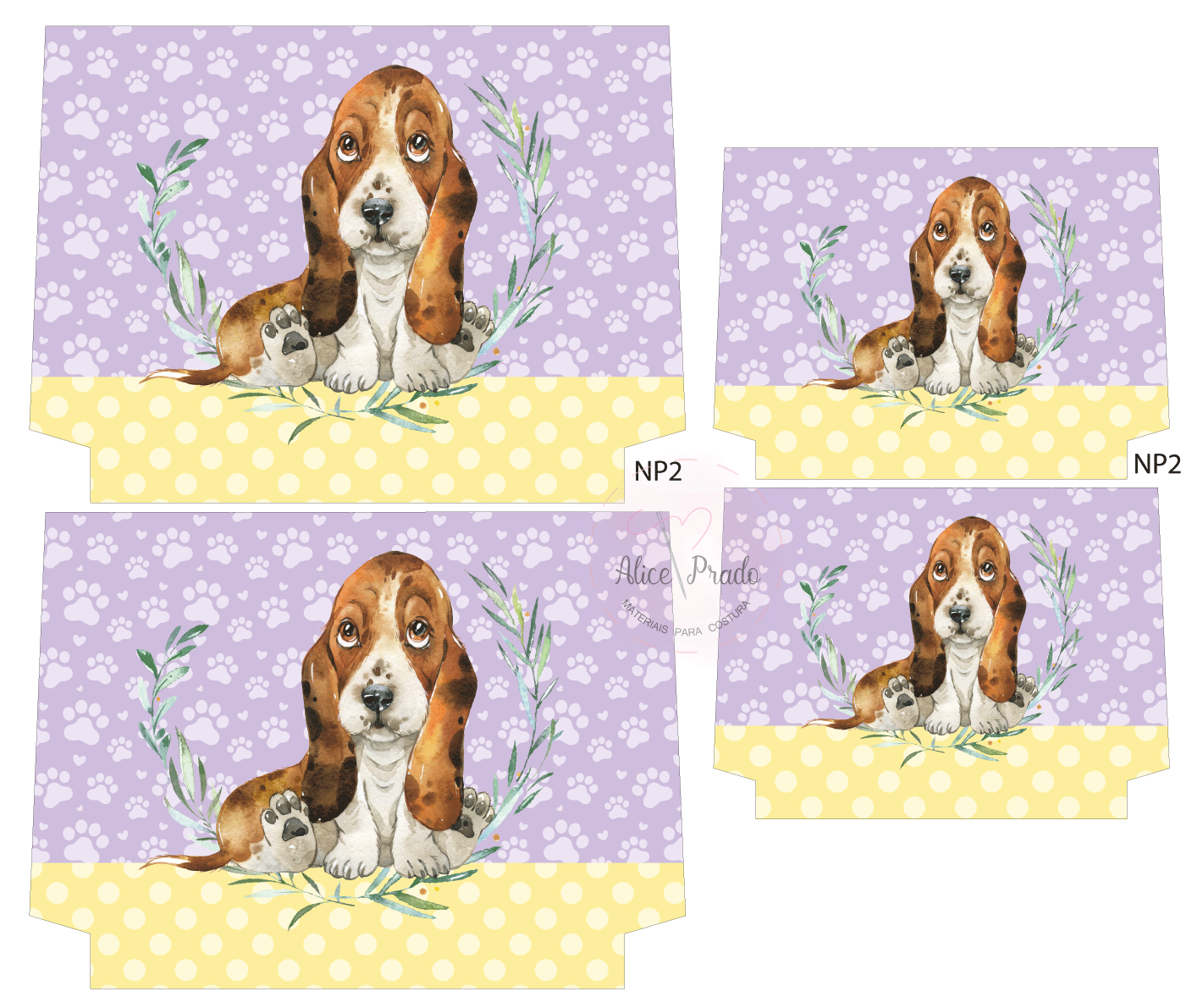 Caixas de papel com ilustração de cachorro basset hound e padrões lilás e amarelo