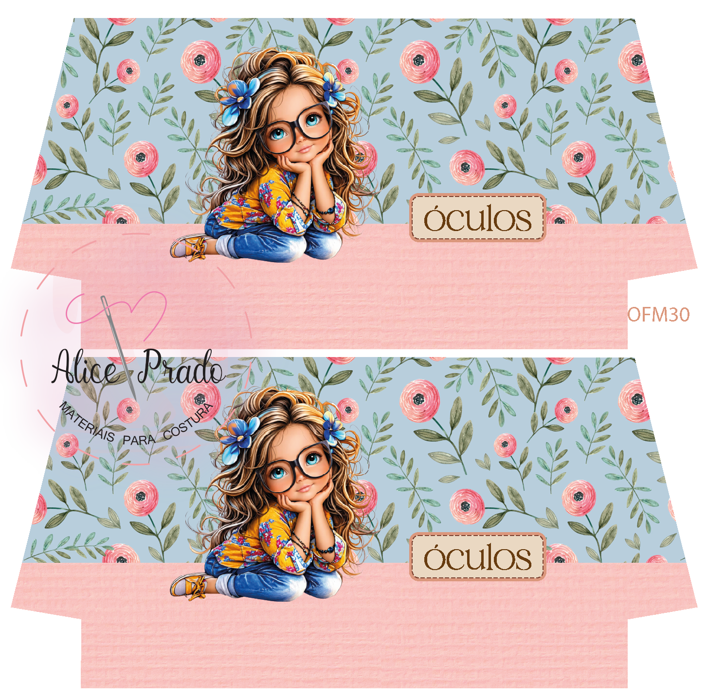 tecido estampado com desenho de menina e texto óculos e Alice Prado