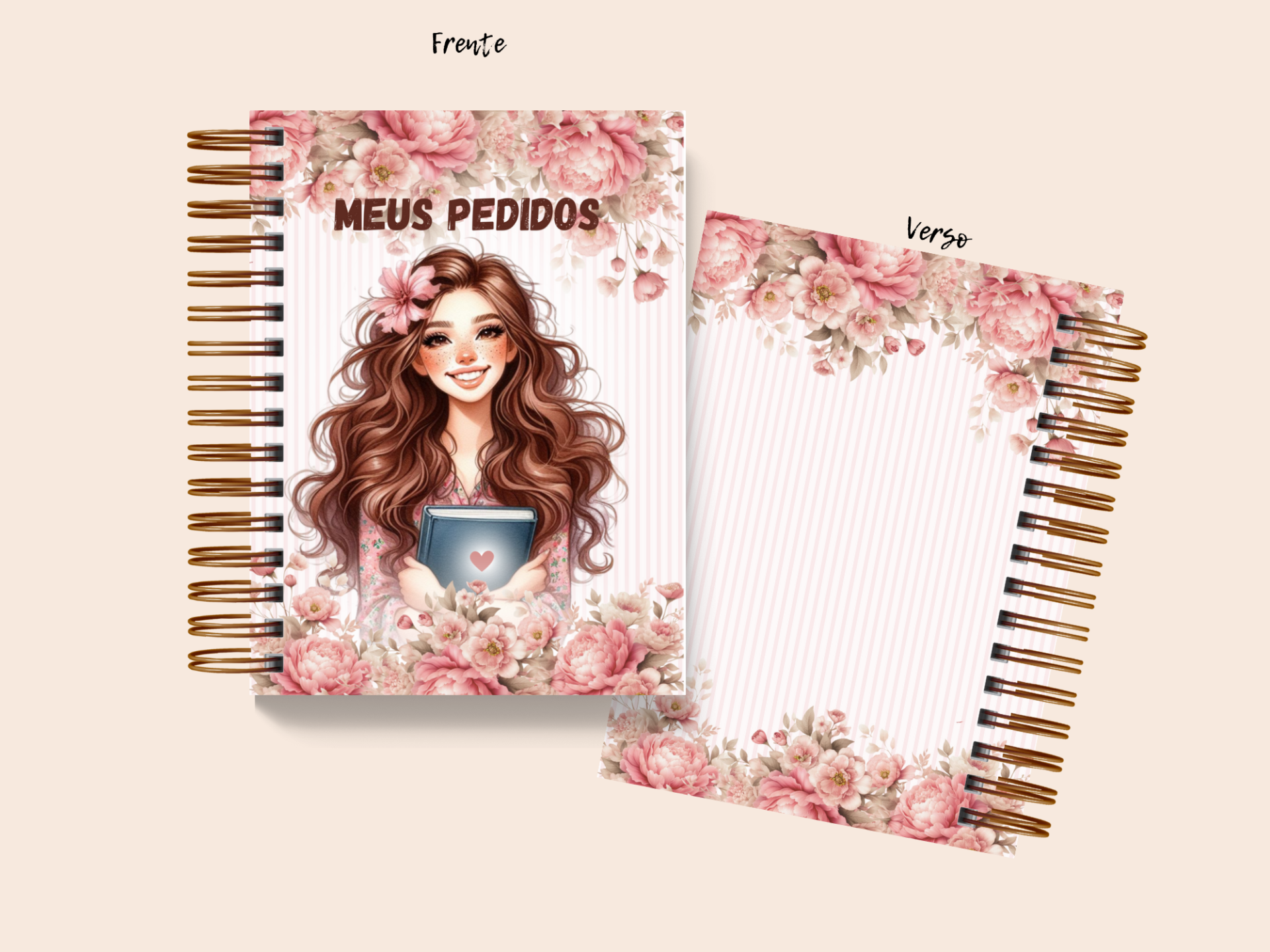 Caderno com capa ilustrada de jovem segurando livro e flores rosa, texto MEUS PEDIDOS