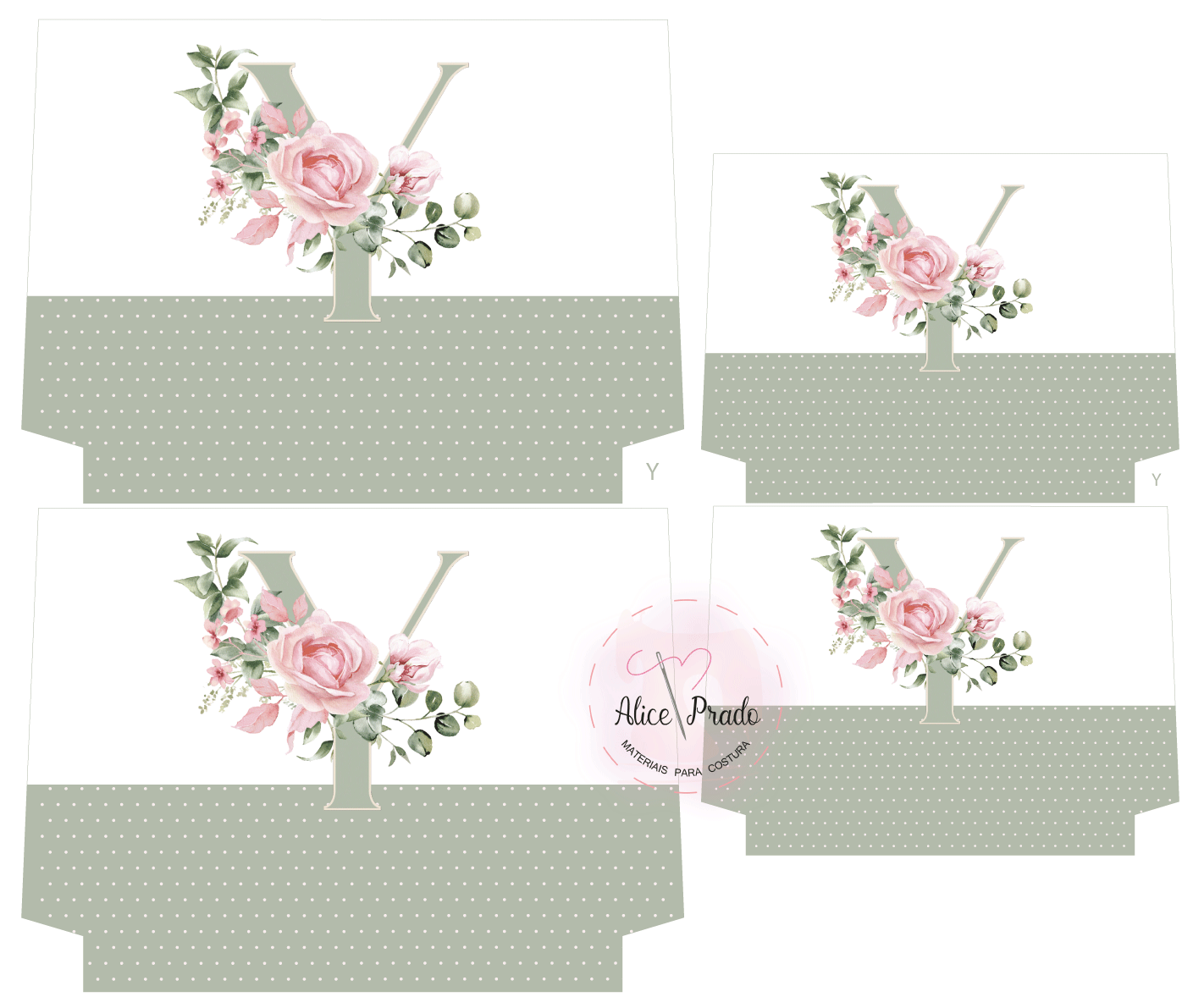 Conjunto de caixas de presente com flor e letra Y em tons pastéis