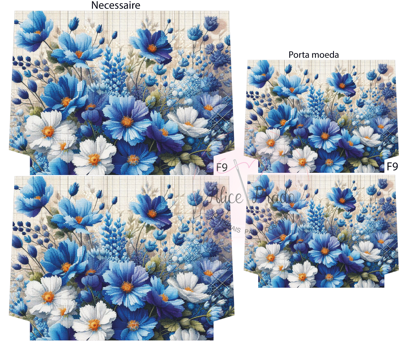 Conjunto de necessaire e porta moeda com padrão floral azul e branco em tecido