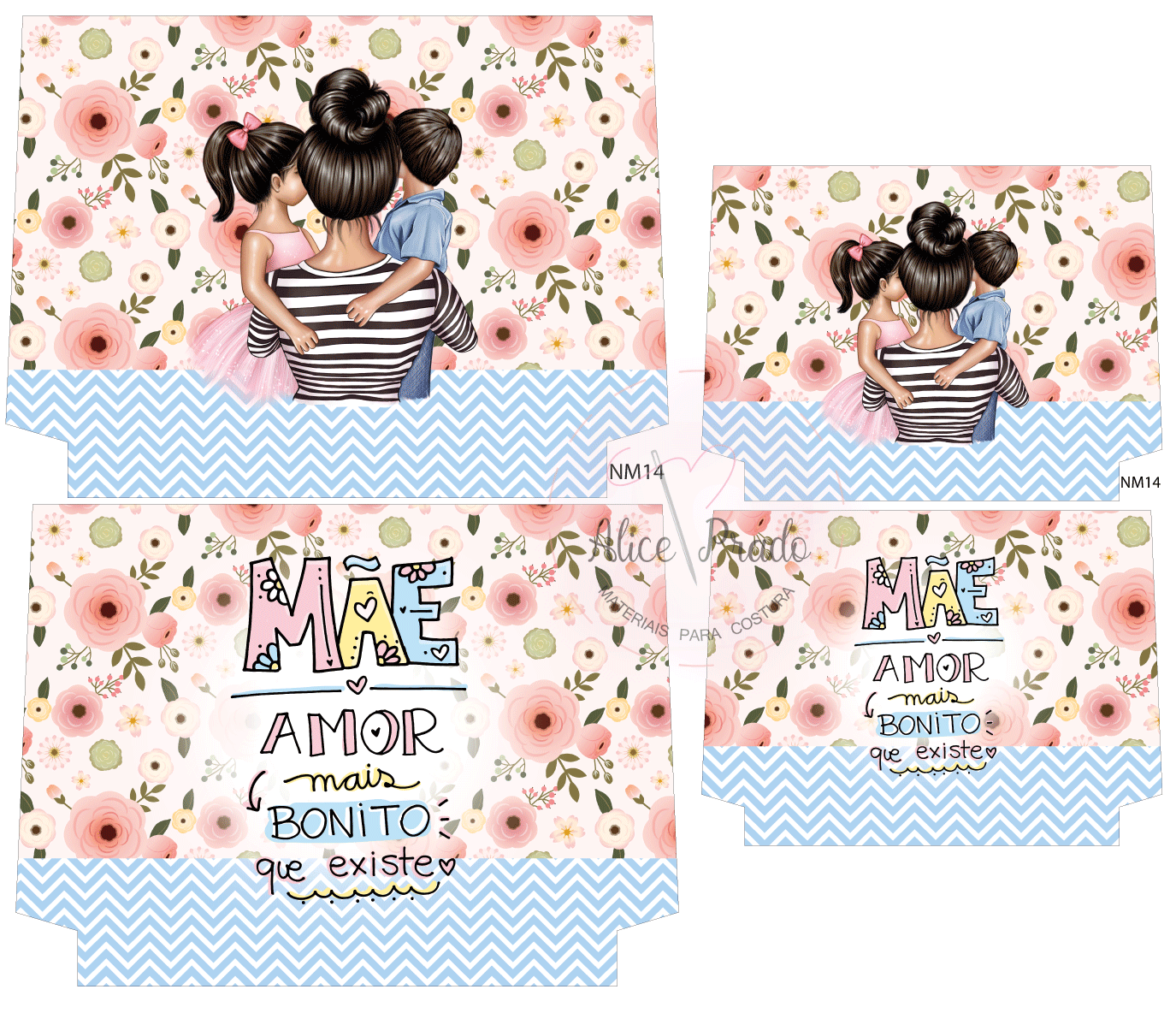 embalagens com padrão floral e texto sobre amor de mãe