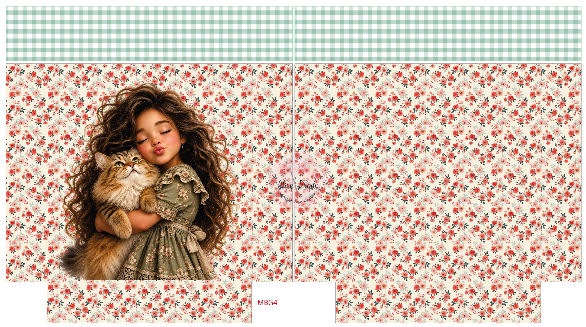 Embalagem com padrão floral e ilustração de rapariga com gato