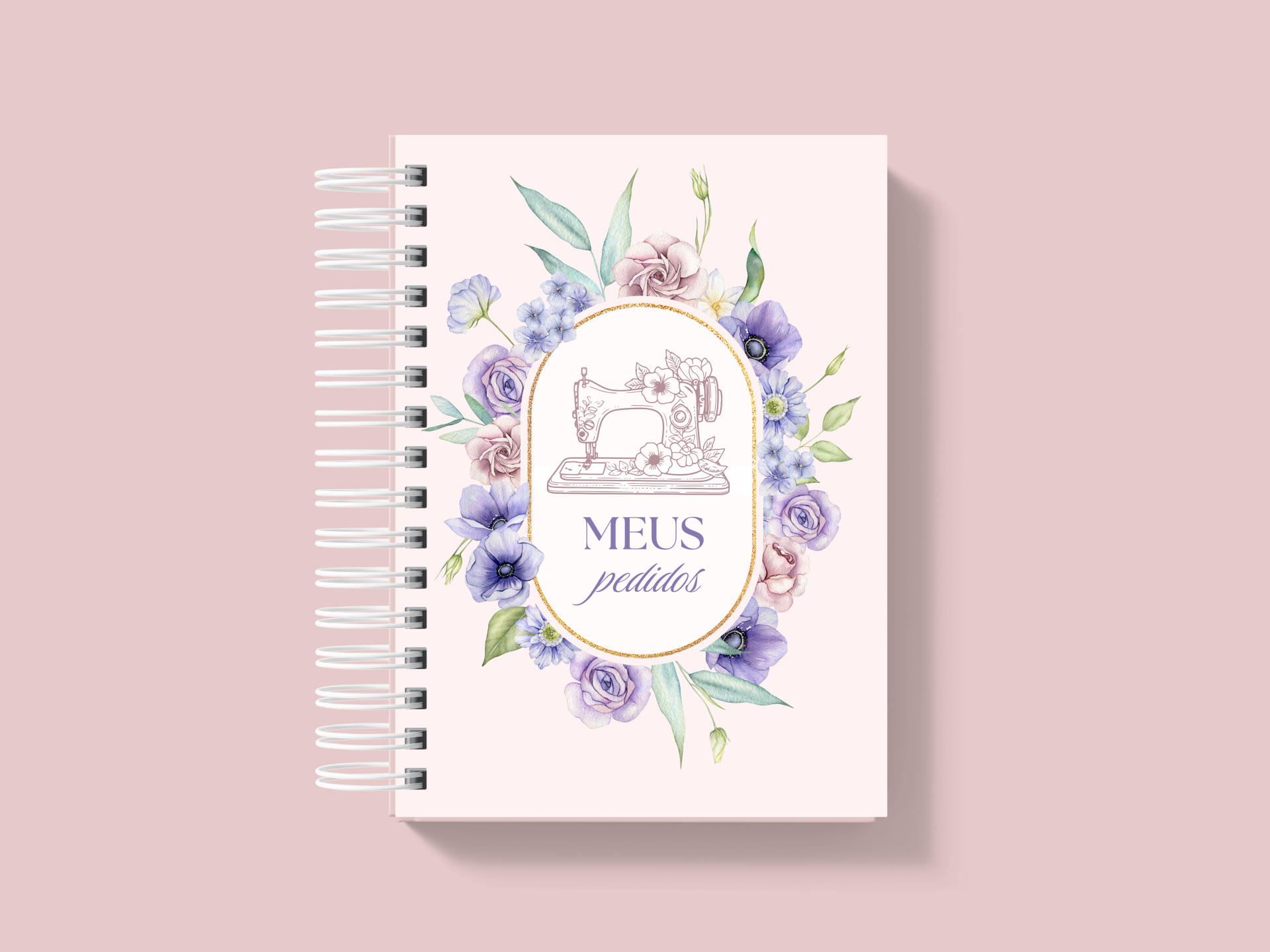 Caderno espiral cor-de-rosa com flores e texto MEUS pedidos