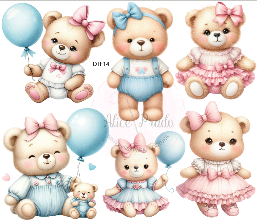 Seis ursinhos de pelúcia com roupas em azul, branco e rosa, alguns com balões azuis e laços na cabeça