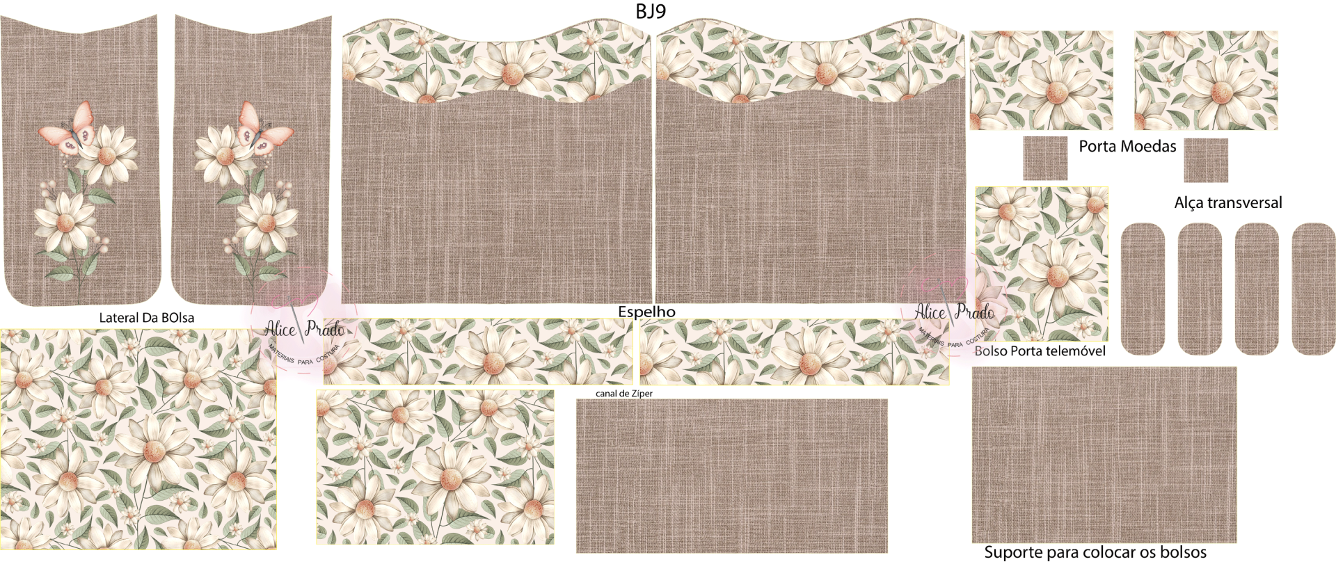 Peças cortadas para confecção de bolsa com padrão floral e tecido castanho.