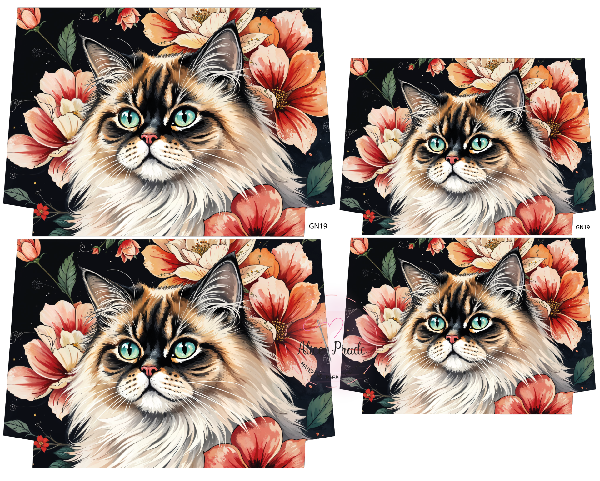 Ilustração de gato com flores coloridas em fundo preto