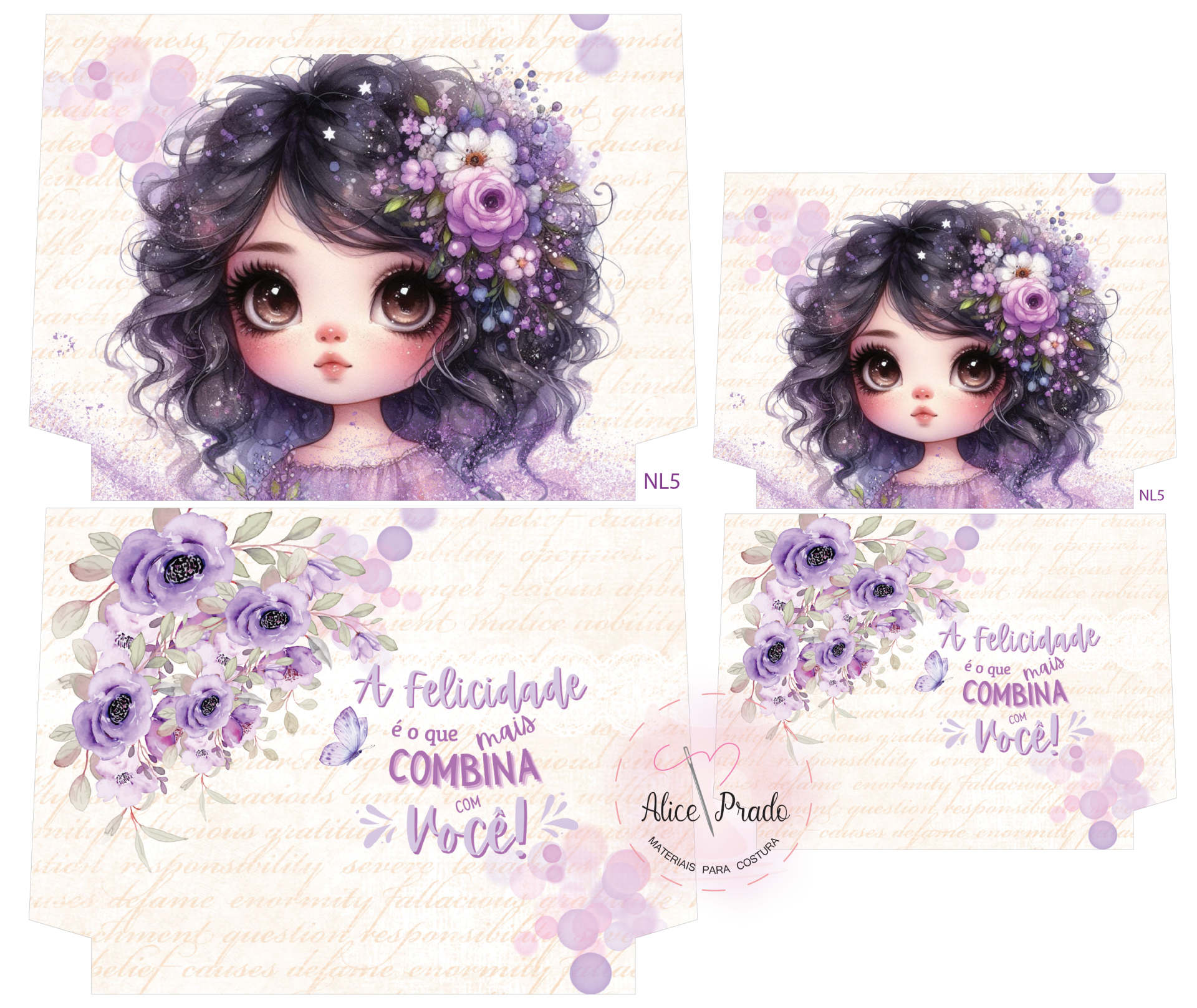 Desenho de menina com flores roxas no cabelo e texto inspirador em português