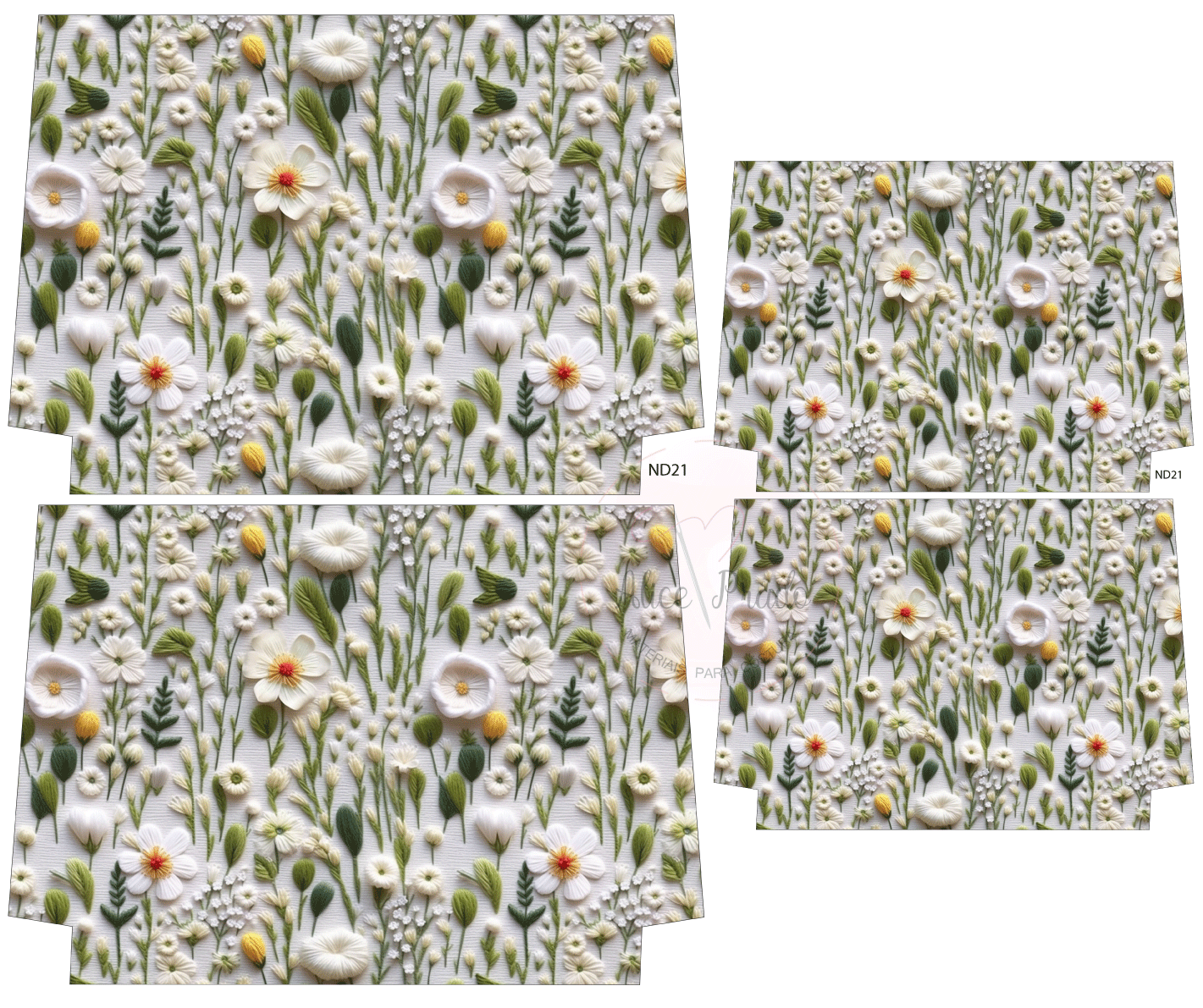 Tecido estampado com padrão floral em fundo claro, com etiquetas 'N021'