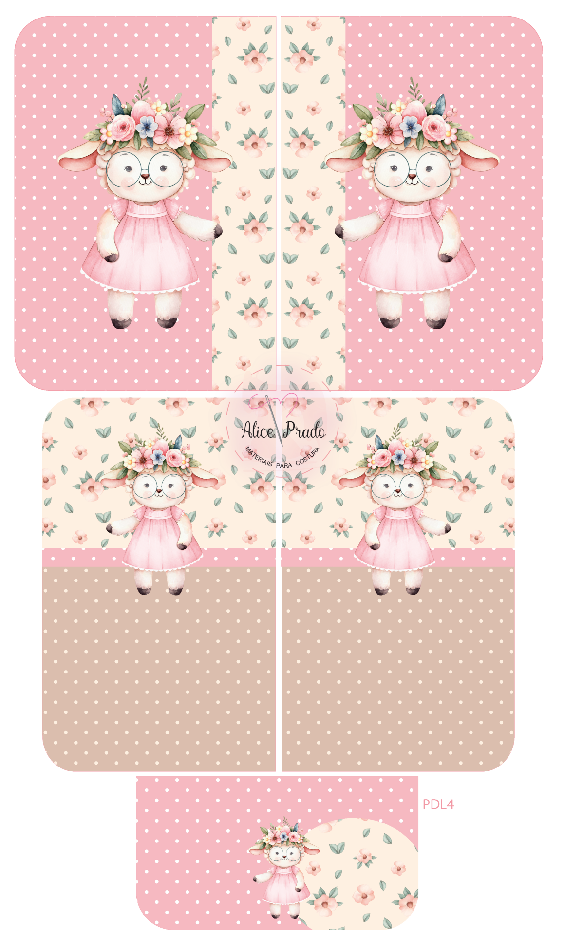 Padrão de costura com ilustração de ovelha com vestido rosa, fundo rosa com bolinhas brancas e flores