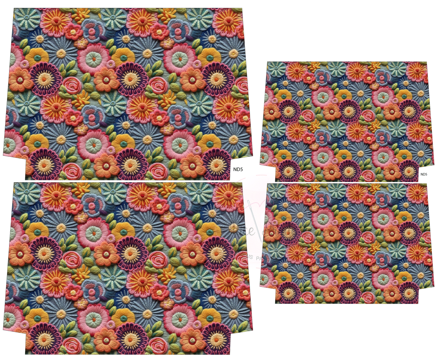 Tecidos com padrão floral colorido em fundo azul com etiqueta N25