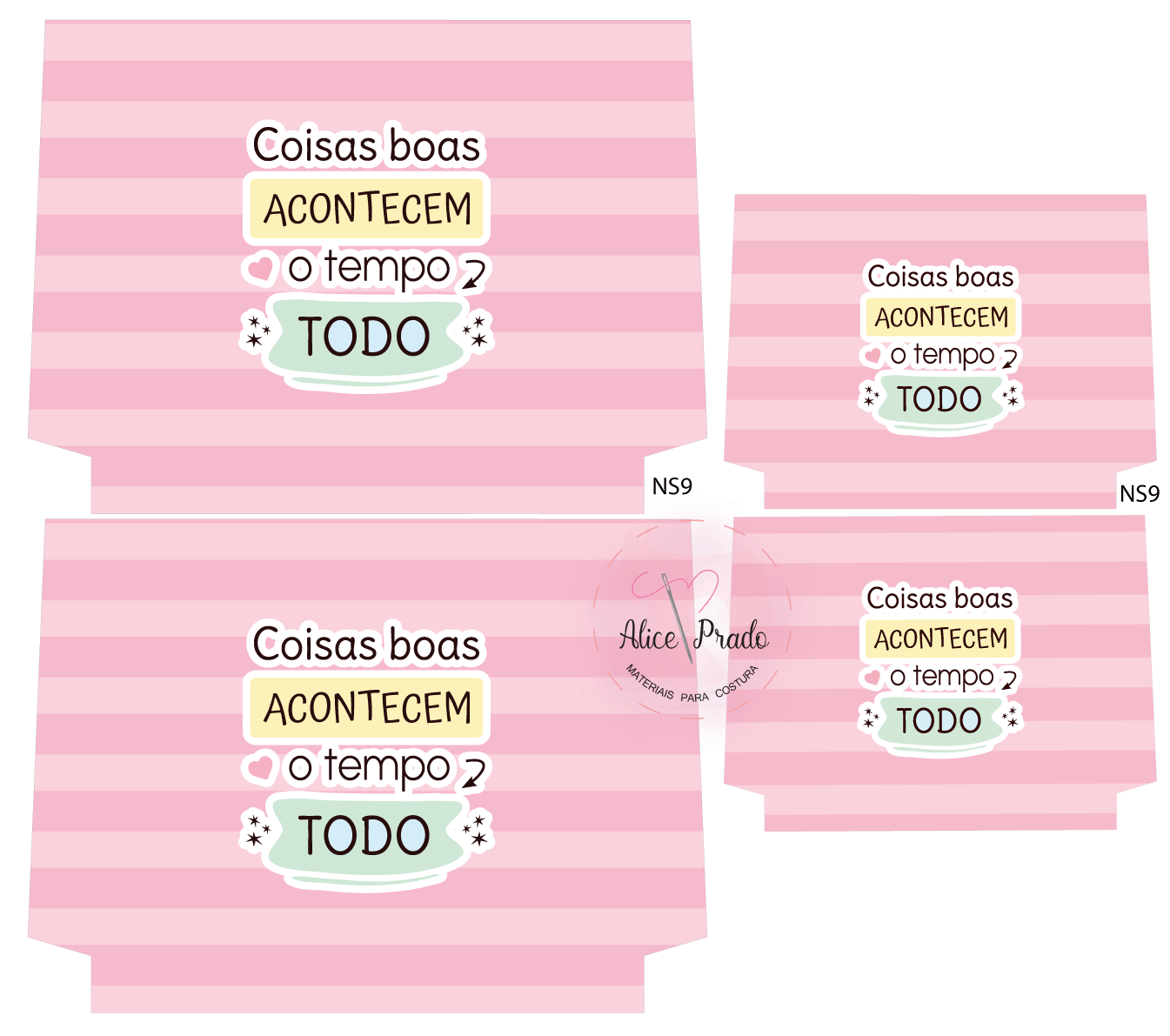 Cartões cor-de-rosa com texto motivacional em português e desenhos decorativos