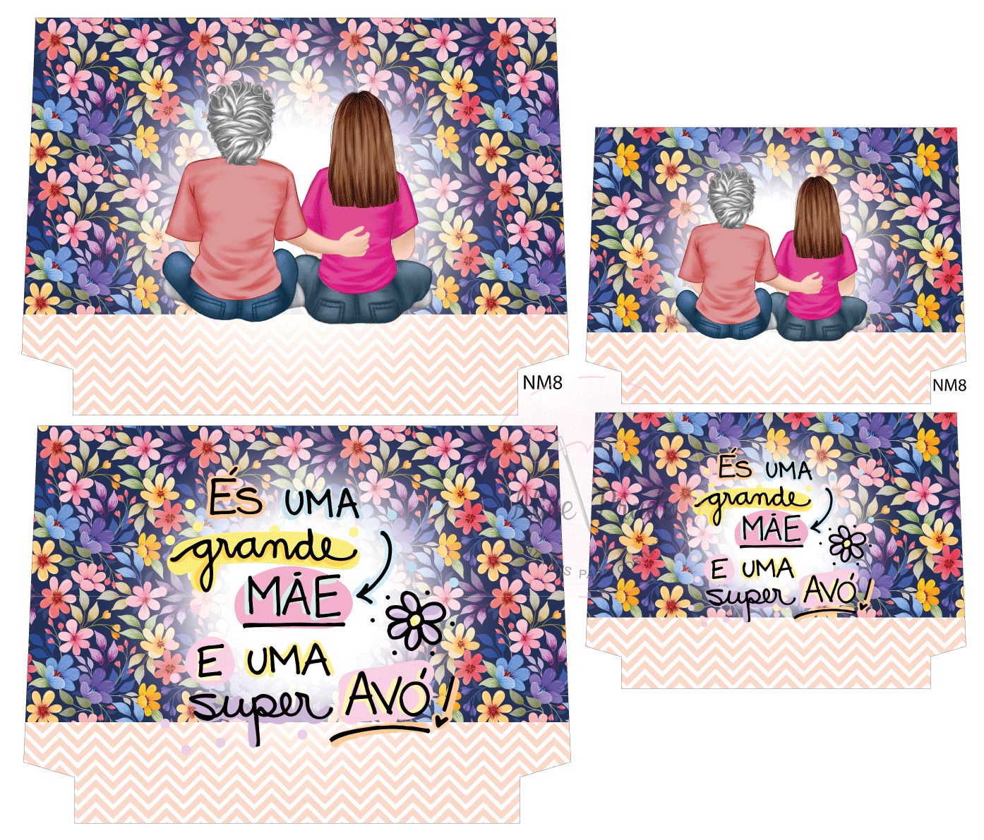 Três peças de tecido com padrão floral, ilustração de mulher e jovem vistas de costas e texto em português sobre mãe e avó.