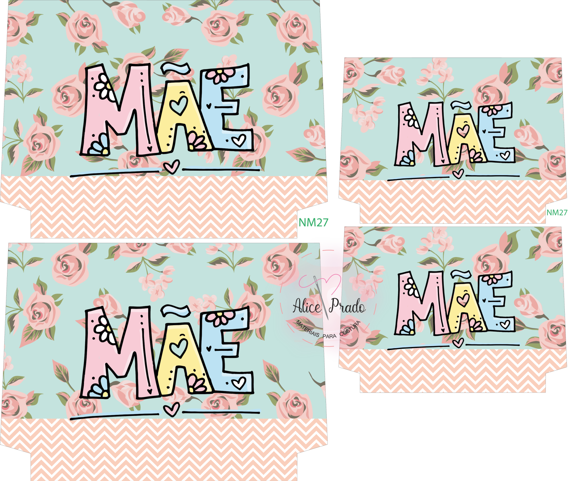 Caixas de papelão desdobradas com padrão floral e palavra MÃE colorida