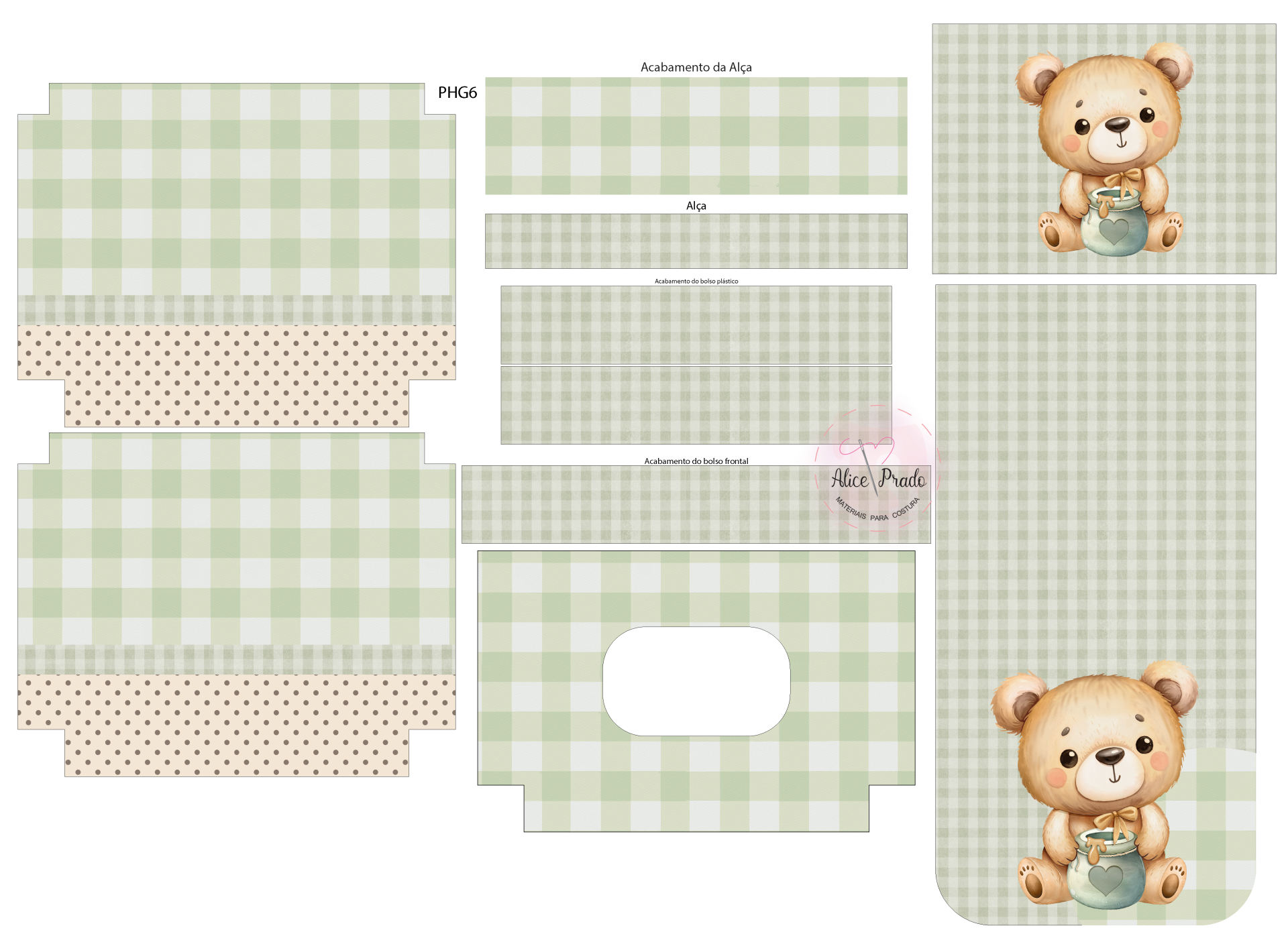 Peças para embalagem xadrez verde e bege com ilustração de urso e texto Alice Prado em fundo branco