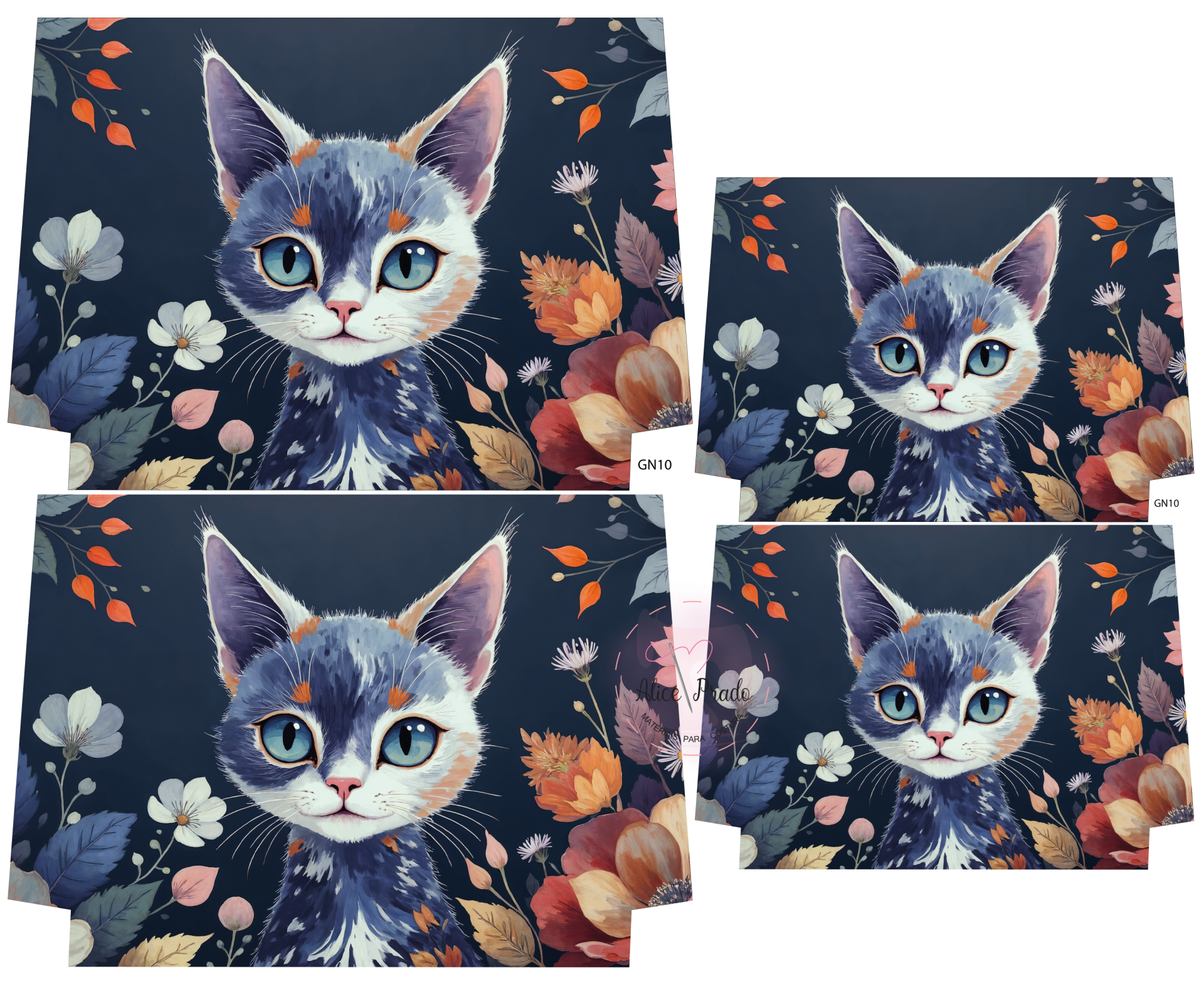 Estampado de gato azul e branco com flores em tecido azul escuro