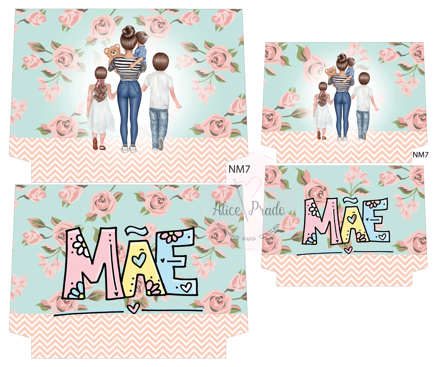 Caixas decorativas com ilustração de mãe com três crianças e texto MÃE