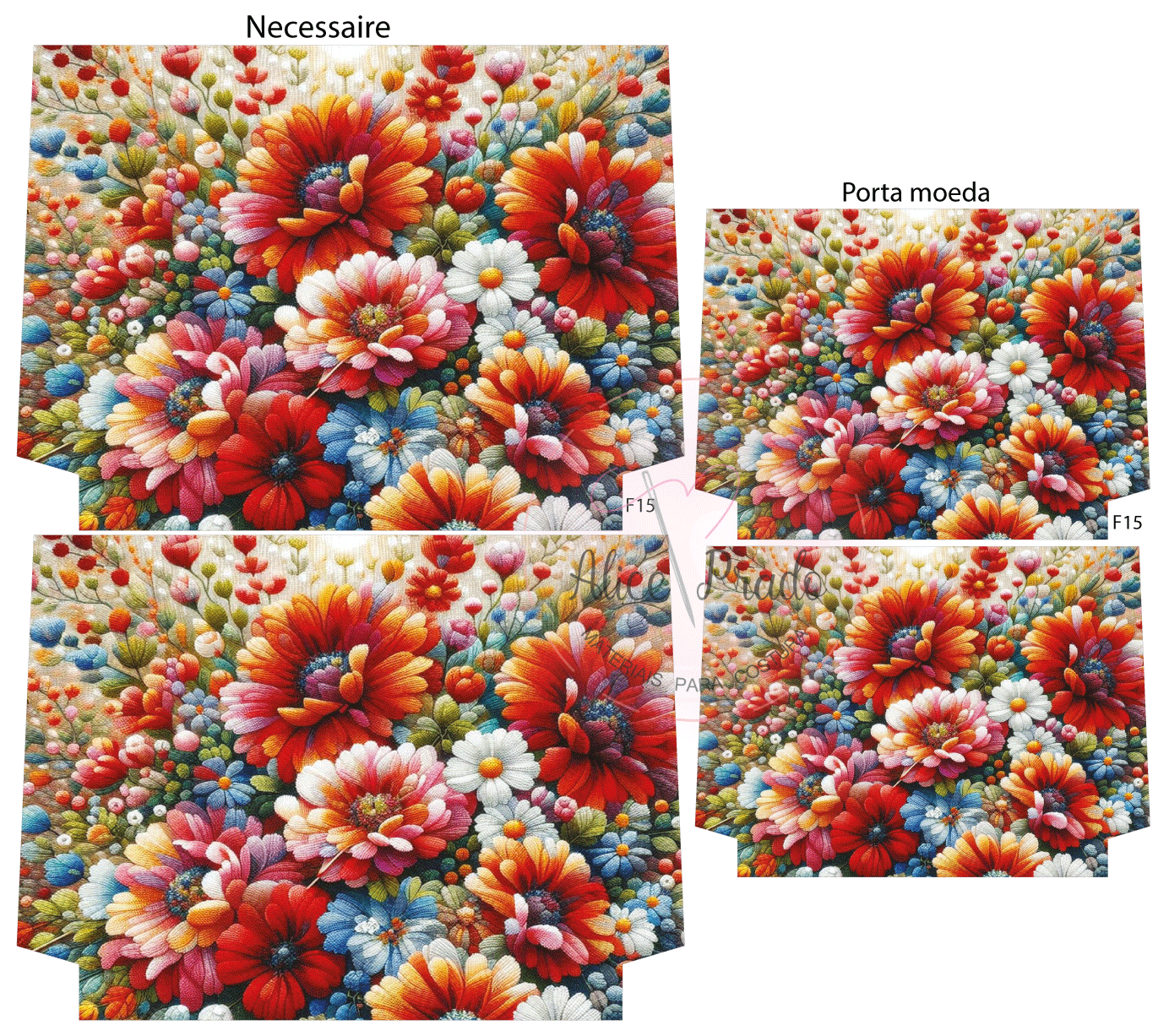 Necessaire e porta moeda com padrão floral colorido em azul, vermelho e laranja