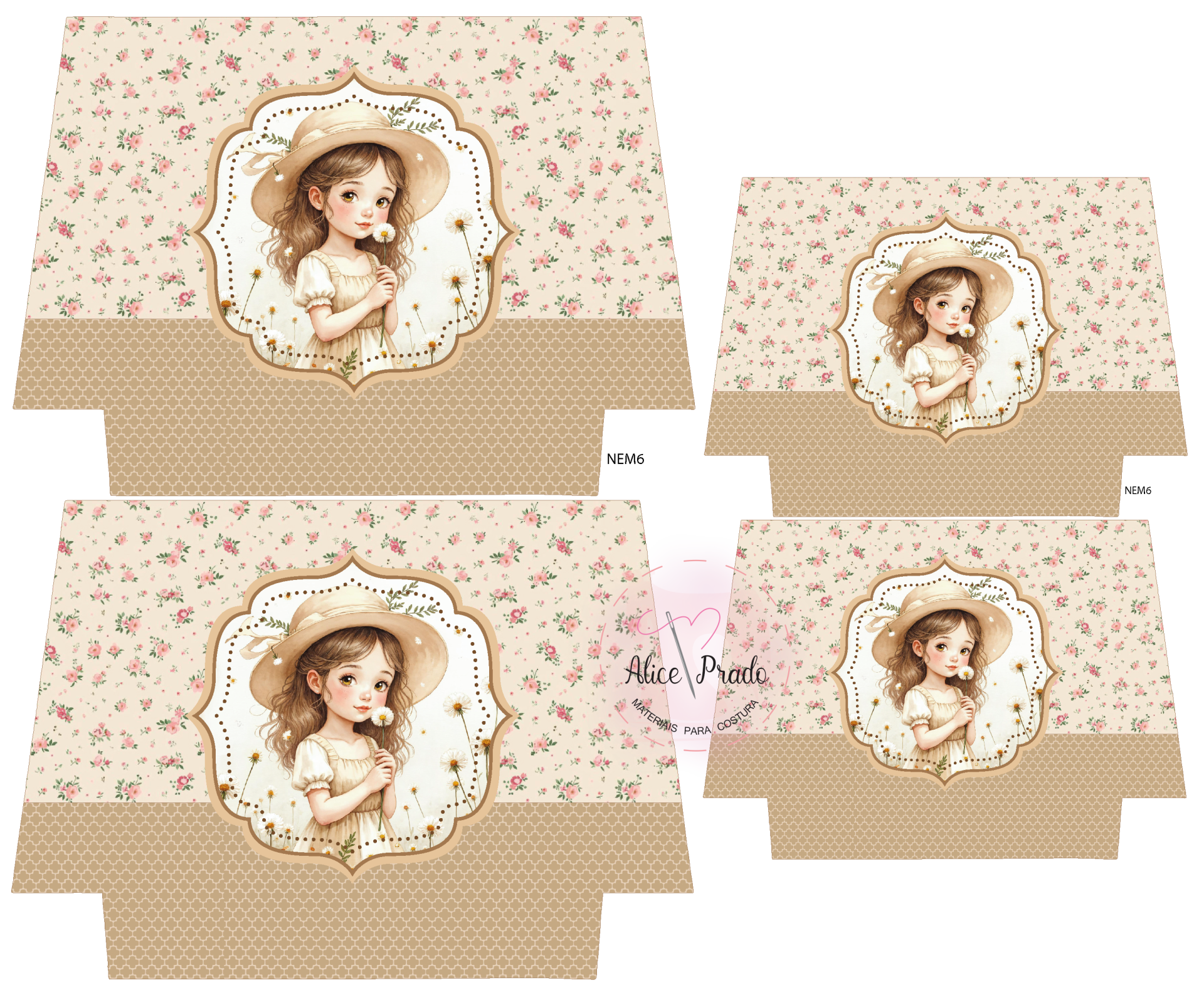 Padrão de impressão com ilustração de menina e fundo floral e bege