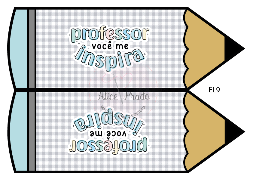 Duas formas de lápis com mensagem para professor em padrão xadrez cinza e branco