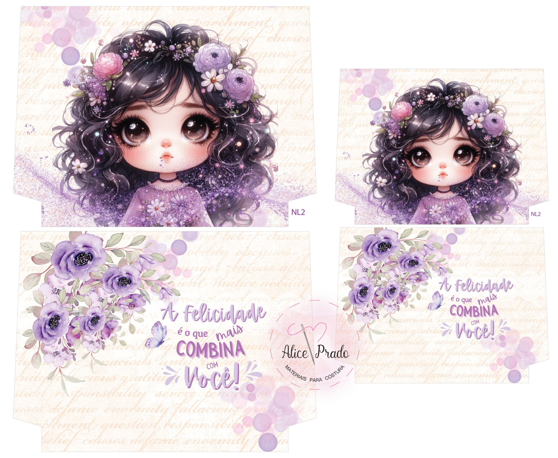 Ilustração de menina com cabelo cacheado e coroa de flores roxas, texto motivacional e detalhes florais lilás