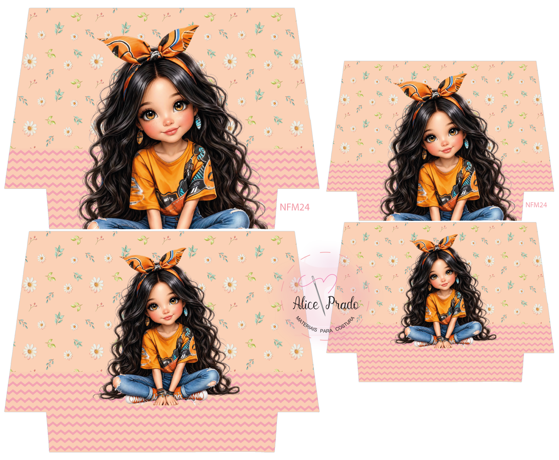 Pano estampado com desenho de menina com laço laranja e flores brancas em fundo pêssego.