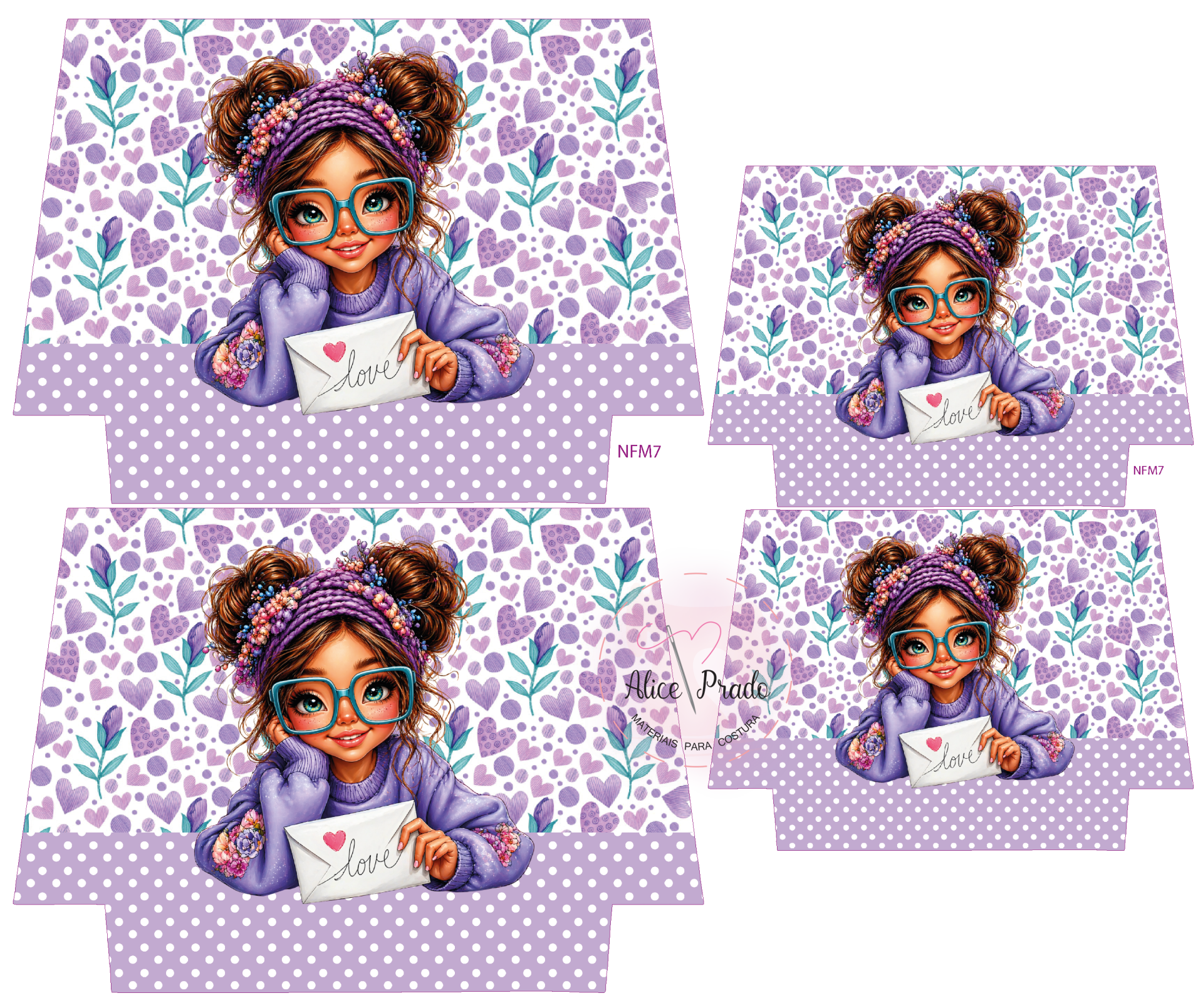 Ilustração colorida de rapariga com óculos azuis segurando envelope com palavra love e fundo com corações e flores lilás